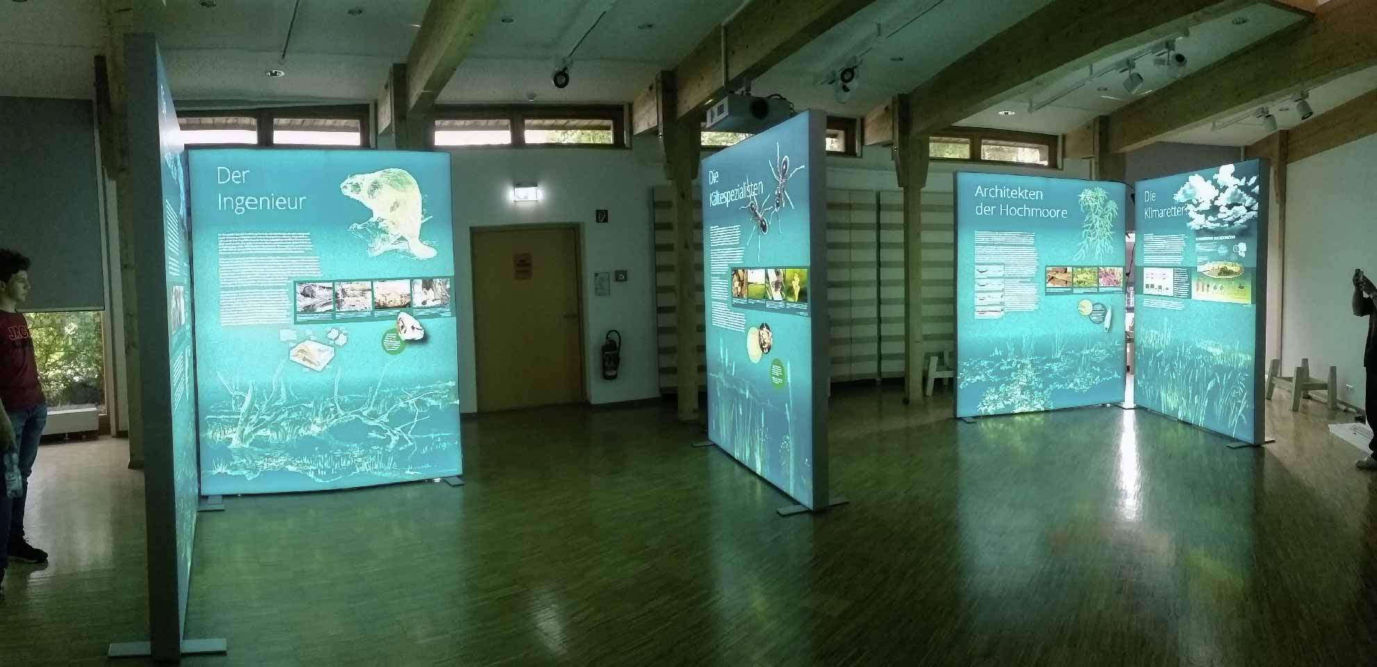 Teilansicht der Leuchttafeln im Sonderausstellungsraum im Naturschutzzentrum Schopfloch